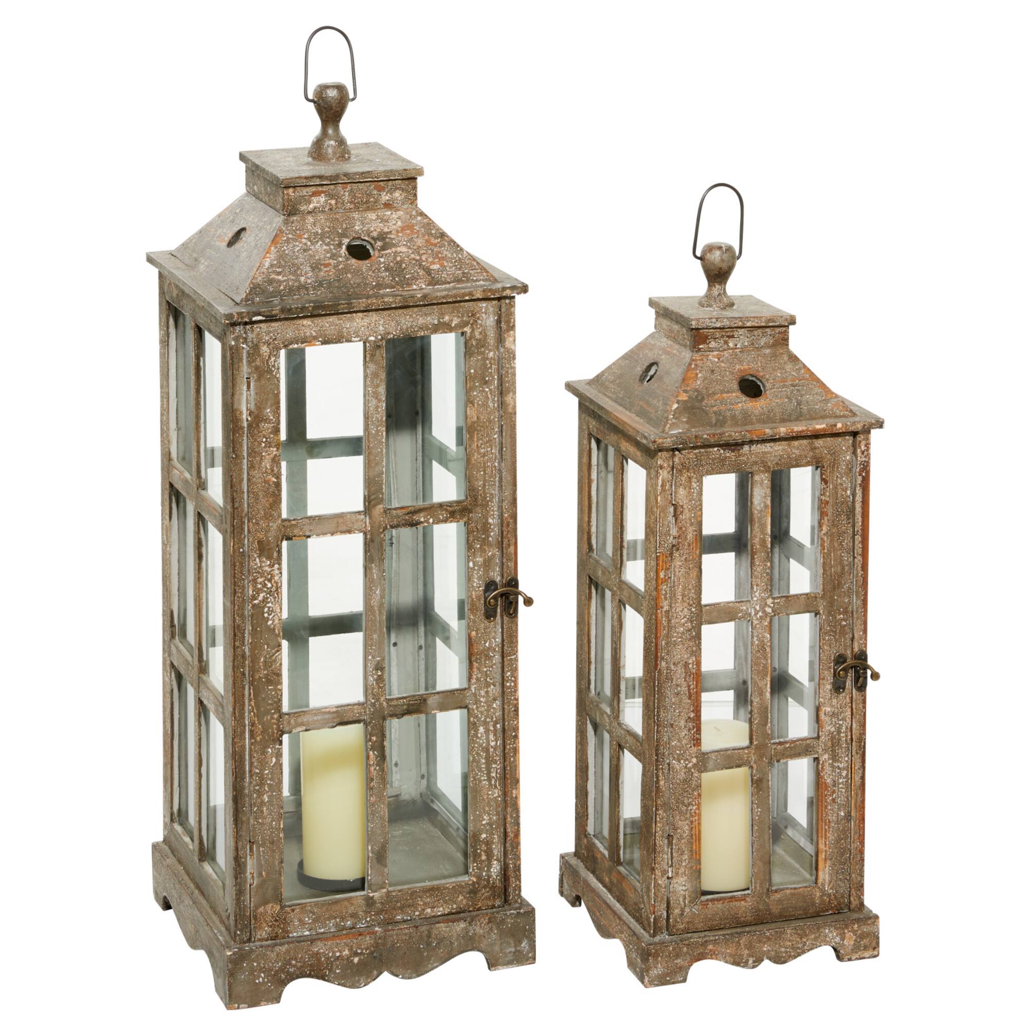 Set of 2" Brown Wood Rustic Lantern, 33", 27"